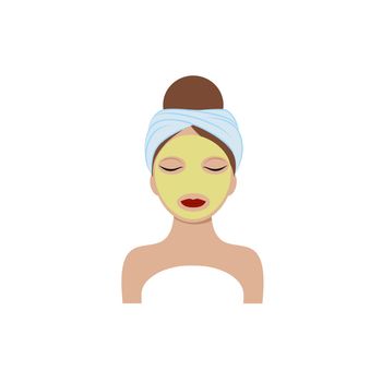 The face of a beautiful girl with a towel on her head and a green cucumber mask on her face. Vector illustration of a cartoon. The concept of body, face and eye care. Cosmetologist services, beauty salon, Spa, beauty Studio.