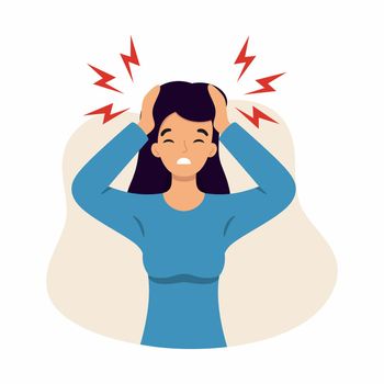 The woman suffers from headaches and migraines. Symptoms of a viral disease. Vector character in the cartoon style.
