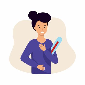 A woman with a high fever and symptoms of a viral infection. Vector character in a flat style.