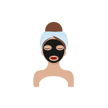 The face of a beautiful girl with a towel on her head and a black charcoal mask on her face. Vector illustration of a cartoon. The concept of body, face and eye care. Cosmetologist services.