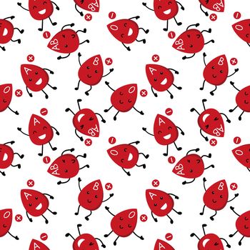 Seamless background with cute blood drops. Blood type and Rh factor.