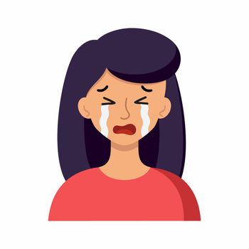 The girl is crying. Tears on the girl's face. Human emotions. Vector character in the cartoon style.