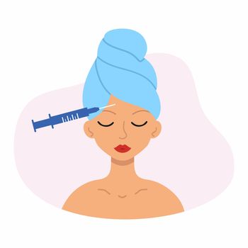 The girl gets an anti-wrinkle injection from a cosmetologist. A woman in a towel on her head takes care of the beauty of her face.