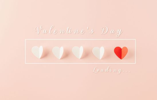 Top view flat lay of paper elements cutting white hearts shape flying on pink background, Banner template greeting card design of holiday, Love and Valentines Day background