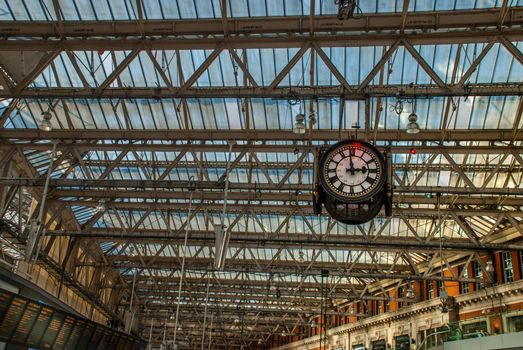 London, UK - Feb 25, 2019 : The Clock hanging up of the Waterloo international train station in London