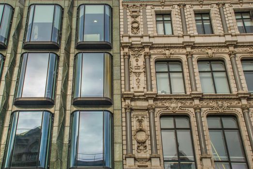 Abstract images of geometric shapes on buildings in London, suitable for making background images.