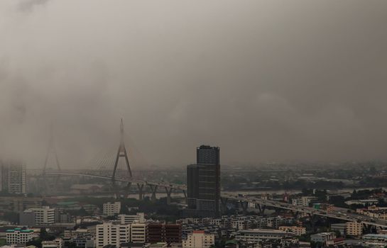 Bangkok, thailand - Oct 16, 2020 : PM 2.5 or Heavy smog was covered the Bangkok building the morning.There are air pollution under heavy cloud. Focus and blur.