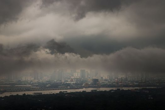 Bangkok, thailand - Oct 16, 2020 : PM 2.5 or Heavy smog was covered the Bangkok building the morning.There are air pollution under heavy cloud. Focus and blur.