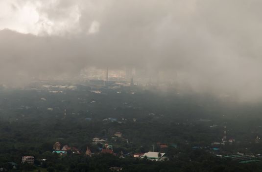 Bangkok, thailand - Oct 16, 2020 : PM 2.5 or Heavy smog was covered the Bangkok building the morning.There are air pollution under heavy cloud. Focus and blur.