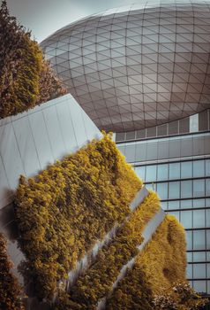Bangkok, thailand - Mar 18, 2022 : Architectural View of Modern high rise building design of glass and concrete with Fern and green plants decorate on wall in front of. Selective focus.