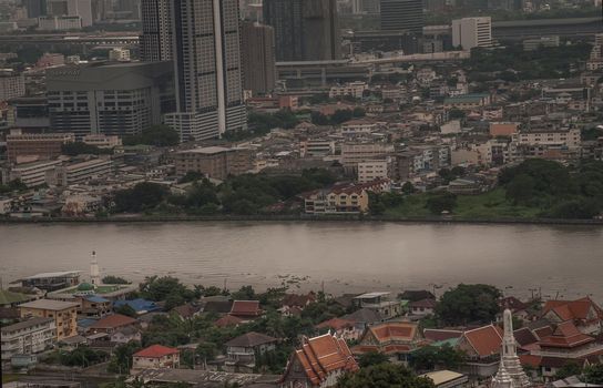 Bangkok, Thailand - Oct 05, 2019 : Beautiful view of Bangkok city, Beauty skyscrapers along Chaopraya river in the afternoon, making the city modern style, Selective focus.