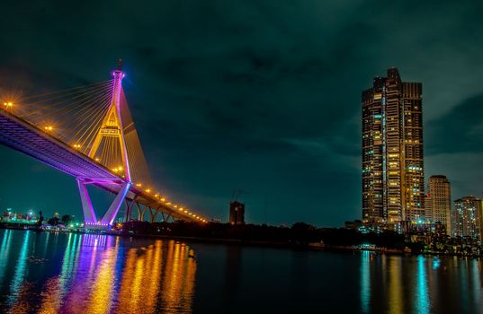 Samutprakan, thailand -  jun, 2019 : Beautiful twilight scenes of The Bhumibol Bridge,also known as the Industrial Ring Road Bridge. The bridge crosses the Chao Phraya River.