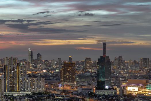 Bangkok, thailand - Sep 13, 2020 : Bangkok downtown cityscape with skyscrapers at night give the city a modern style. Selective focus.