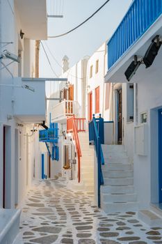 empty street of Mykonos Greek village in Greece, colorful streets of Mikonos village.