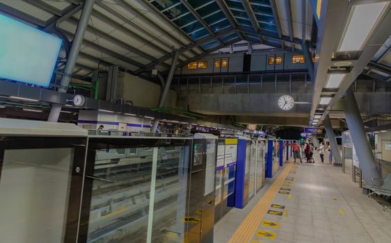 Bangkok, thailand - Sep 18, 2020 : The people on Tha Phra BTS Skytrain Station of the central business district of Bangkok. The Bangkok Mass Transit System. Selective focus.