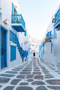 empty street of Mykonos Greek village in Greece, colorful streets of Mikonos village.