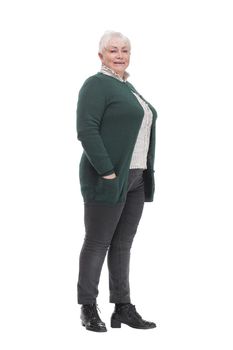 Portrait of confident mature woman in smart casual standing isolated over white background