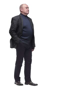 full length . confident senior male looking at a white blank screen. isolated on a white background
