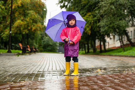 Child playing in autumn rain. Kid with umbrella. Outdoor fun for kids by any weather. Rain waterproof wear, boots and jacket for children.