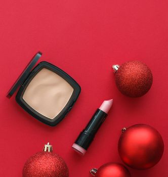 Cosmetic branding, fashion blog cover and girly glamour concept - Make-up and cosmetics product set for beauty brand Christmas sale promotion, luxury red flatlay background as holiday design