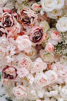 Close-up of wedding flowers.Background of pink and white roses.