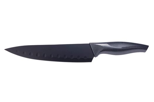 High-quality stainless steel Santoku chef's knife with black non-stick antibacterial coating. Isolated on white with clipping path. Ideal for professional and semi-professional kitchen workflow.