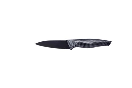 High-quality stainless steel peeling knife with black non-stick antibacterial coating, isolated on white with clipping path.
