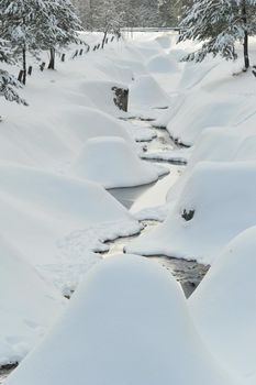 Winter landscape of a mountain river in the snow, around the forest.