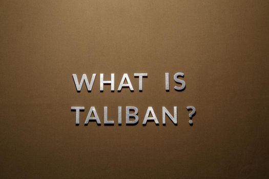 the question what is taliban laid with silver metal letters on rough flat tan khaki canvas fabric surface