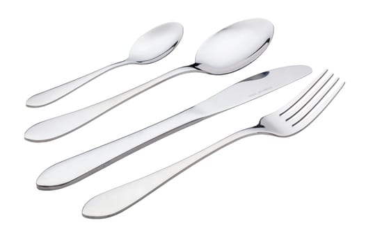 Stylish stainless steel cutlery set with fork, knife, spoon, and teaspoon isolated on white with clipping path.