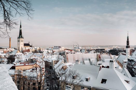 Winter View of the old town of Tallinn.Snow-covered city near the Baltic sea. Estonia