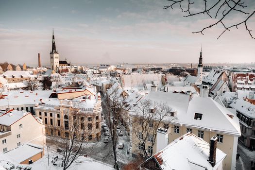 Winter View of the old town of Tallinn.Snow-covered city near the Baltic sea. Estonia