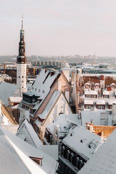 Winter View of the old town of Tallinn.Snow-covered city near the Baltic sea. Estonia