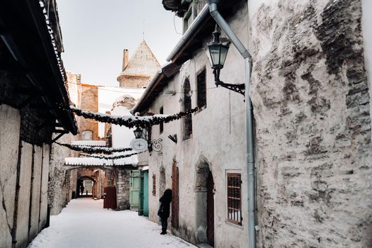 Winter View of the old town of Tallinn.Snow-covered city near the Baltic sea. Estonia.