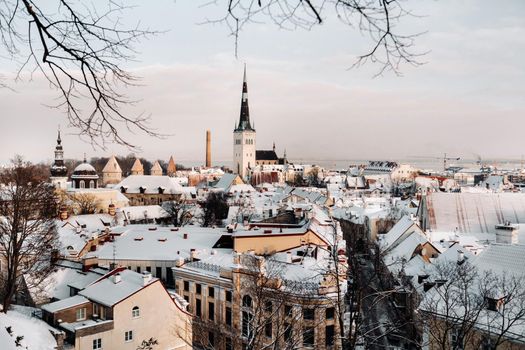 Winter View of the old town of Tallinn.Snow-covered city near the Baltic sea. Estonia
