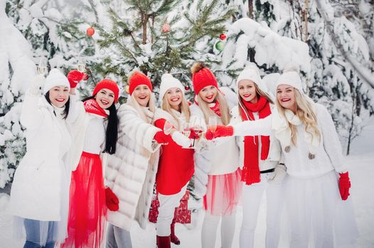 A large group of girls with glasses of champagne in their hands stands in the winter forest.Girls in red and white clothes with new year's drinks in a snow-covered forest