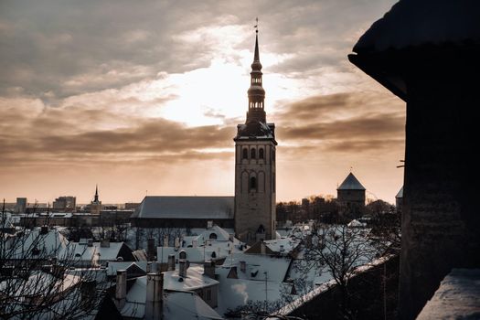 Winter View of the old town of Tallinn.Snow-covered city near the Baltic sea. Estonia