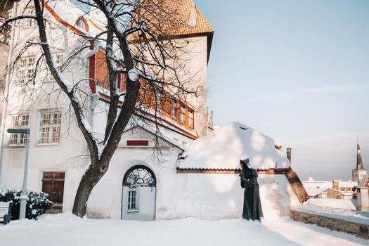 Winter View of the old town of Tallinn.Snow-covered city near the Baltic sea. Estonia.