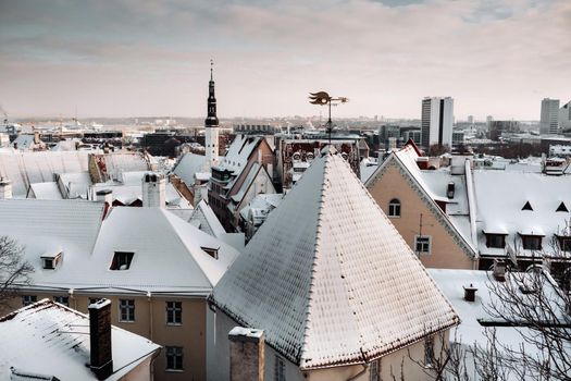 Winter View of the old town of Tallinn.Snow-covered city near the Baltic sea. Estonia