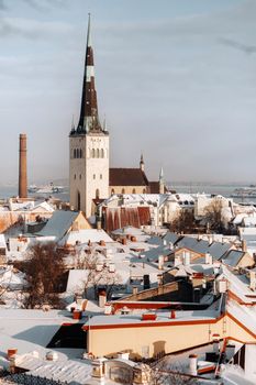 Winter View of the old town of Tallinn.Snow-covered city near the Baltic sea. Estonia