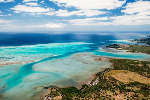 The view from the bird's eye view on the coast of Mauritius. Amazing landscapes of Mauritius.Beautiful coral reef of the island.