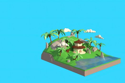 3D illustrator of house in the island. 3d rendering Low Polygon Geometry. Lowpoly Minimal Style Art.