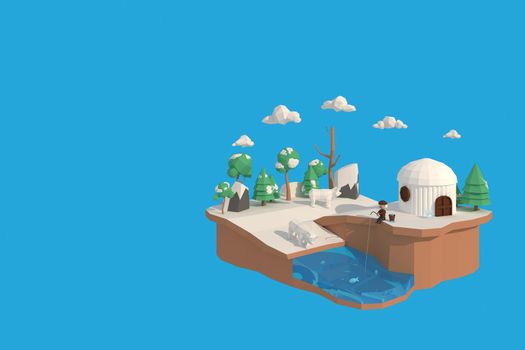 3D illustrator The house in winter. 3d rendering Low Polygon Geometry. Lowpoly Minimal Style Art.