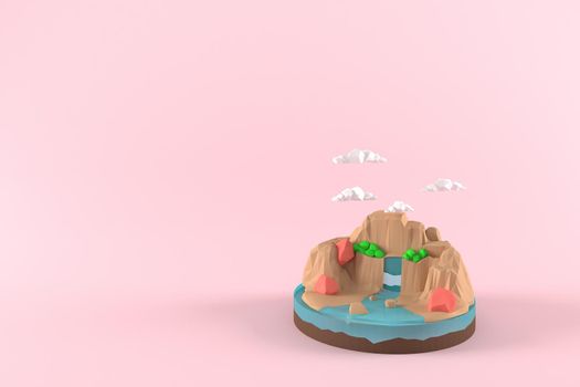 3D illustrator the green and red rocks in the mountains. 3d rendering Low Polygon Geometry. Lowpoly Minimal Style Art.