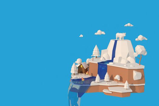 3D illustrator The Penguin Village. 3d rendering Low Polygon Geometry. Lowpoly Minimal Style Art.