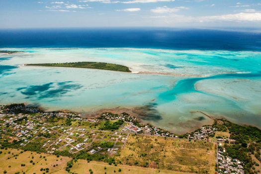 The view from the bird's eye view on the coast of Mauritius. Amazing landscapes of Mauritius.Beautiful coral reef of the island.