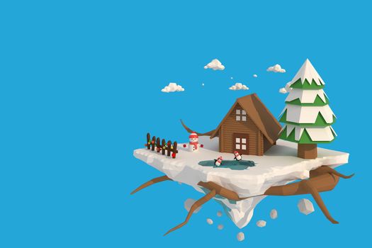 3D illustrator of house in the snow. 3d rendering Low Polygon Geometry. Lowpoly Minimal Style Art.