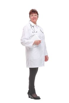 Smiling medical doctor woman with tablet computer looking at camera. Isolated on white background.