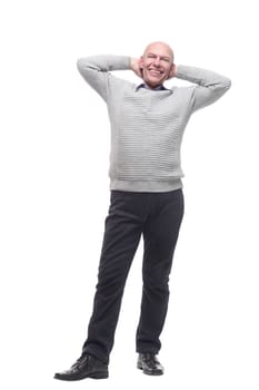 happy man in a white jumper looking up . isolated on a white background.