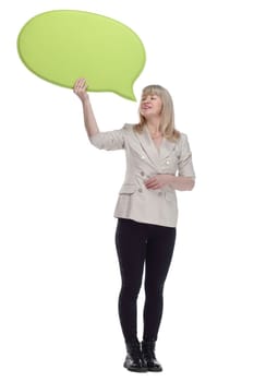 in full growth.female customer with a speech bubble . isolated on a white background.